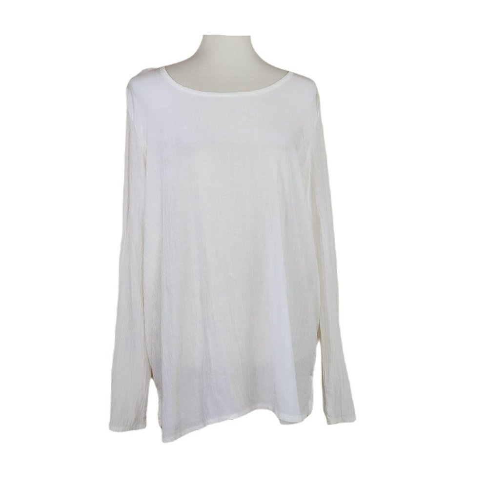 FLAX Ivory 100% Rayon Crinkle Fabric Lightweight Long Sleeve Tunic Top Large